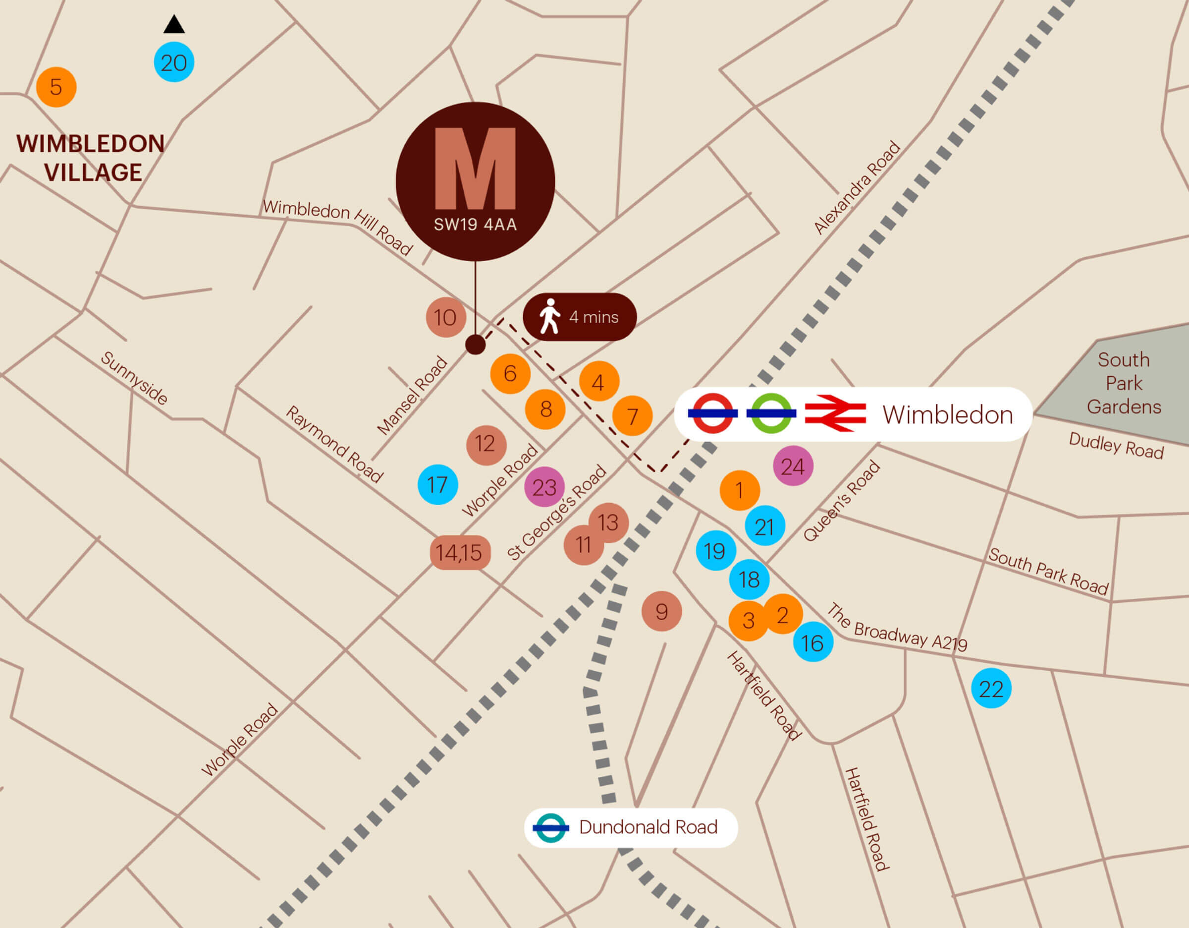 Map of local area around Wimbledon